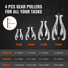 Load image into Gallery viewer, 4pcs Gear Puller Set 3" 4" 6" 8" Puller Kit 3 Jaw Gear Bearing Flywheel Pulley Removal Tool 2 or 3 Reversible Jaws Wheel Puller