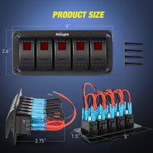 Load image into Gallery viewer, 12V/24V 5 Gang Rocker Switch Panel 5 Pin On Off Toggle Aluminum Holder Dash Pre-Wired Red Backlit Switches for Automotive Cars Marine Boats RVs Truck