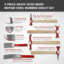 Load image into Gallery viewer, Quality 9pcs Auto Body Repair Tool Kit with 4 Carbon Steel Hammers and Hickory Handles, Spoons & Dollies