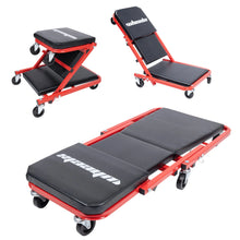 Load image into Gallery viewer, 3-in-1 Rolling Mechanic Creeper Z Seat, Foldable Garage Chair Lay Down Sit Lean Back, Under Car Shop Auto Repair, Red Black