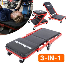 Load image into Gallery viewer, 3-in-1 Rolling Mechanic Creeper Z Seat, Foldable Garage Chair Lay Down Sit Lean Back, Under Car Shop Auto Repair, Red Black