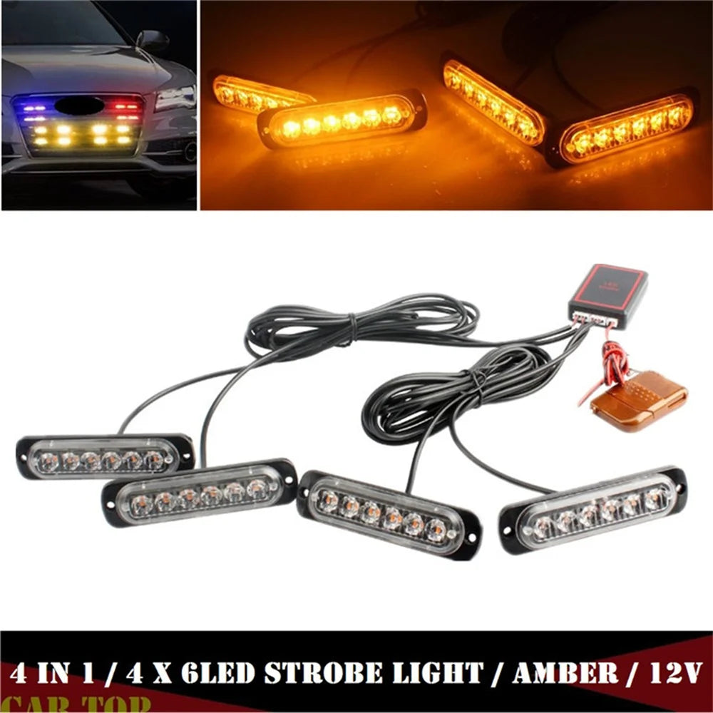 4pcs Set 4 in 1 Flasher Emergency Beacon Amber/Red Blue Warning Light Remote Stroboscopes LED Flashing Strobe Lights For Cars/Trucks 12v