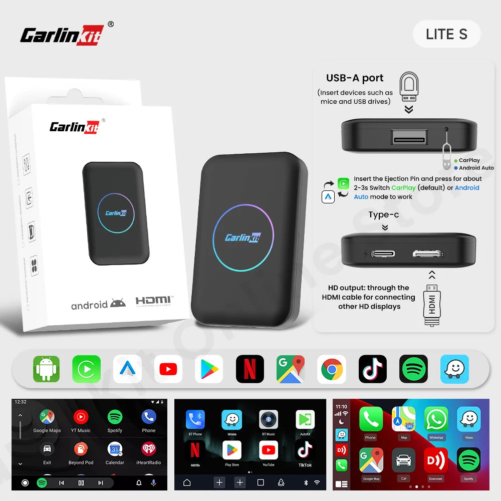 CarlinKit LiteS Android TV Box Wireless Carplay Android Auto Adapter Support Youtube Netfilx IPTV Spotify Suitable Only With Wired Carplay Or Android