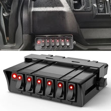 Load image into Gallery viewer, 12V/24V 5 Gang Rocker Switch Panel 5 Pin On Off Toggle Aluminum Holder Dash Pre-Wired Red Backlit Switches for Automotive Cars Marine Boats RVs Truck
