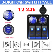 Load image into Gallery viewer, 12v / 24v 3 Gang Switch Panel 5 PIN ON-OFF Switch Double USB Car Charger Voltmeter Rocker Panel Switch  For Car Boat Truck
