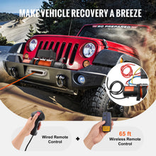 Load image into Gallery viewer, 12V Offroad Emergency 13500lbs Electric Winch With 80ft Synthetic Rope 65.6&#39; Foot Range Wireless &amp; Wired Remote Control
