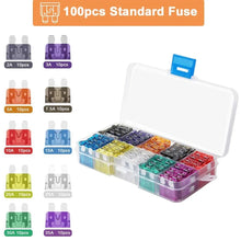 Load image into Gallery viewer, 100pcs Auto Fuse Kit 2A 3A 5A 7.5A 10A 10 Types Car Fuse Assortment 15A 20A 25A 30A 35A Medium Size Blade Type Fuse Assorted Kit
