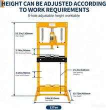 Load image into Gallery viewer, 6/12/20 Ton Hydraulic H-Frame Shop Press Heavy-Duty Steel, Adjustable Height Table, Dual Arbor Plates Ideal for Garage Car Repair, Bending &amp; Pressing
