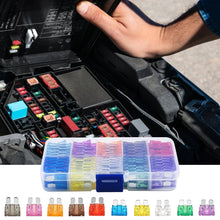 Load image into Gallery viewer, 100pcs Auto Fuse Kit 2A 3A 5A 7.5A 10A 10 Types Car Fuse Assortment 15A 20A 25A 30A 35A Medium Size Blade Type Fuse Assorted Kit
