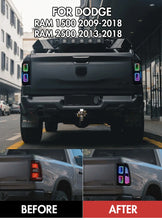 Load image into Gallery viewer, 2pcs Pair RGB LED Smoked Animated Tail Lights  For 2009-2018 Dodge RAM 1500 2013-2018 2500 Car Start Up Animation  Sequential Turn Signal Rear Lamps
