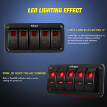 Load image into Gallery viewer, 12V/24V 5 Gang Rocker Switch Panel 5 Pin On Off Toggle Aluminum Holder Dash Pre-Wired Red Backlit Switches for Automotive Cars Marine Boats RVs Truck
