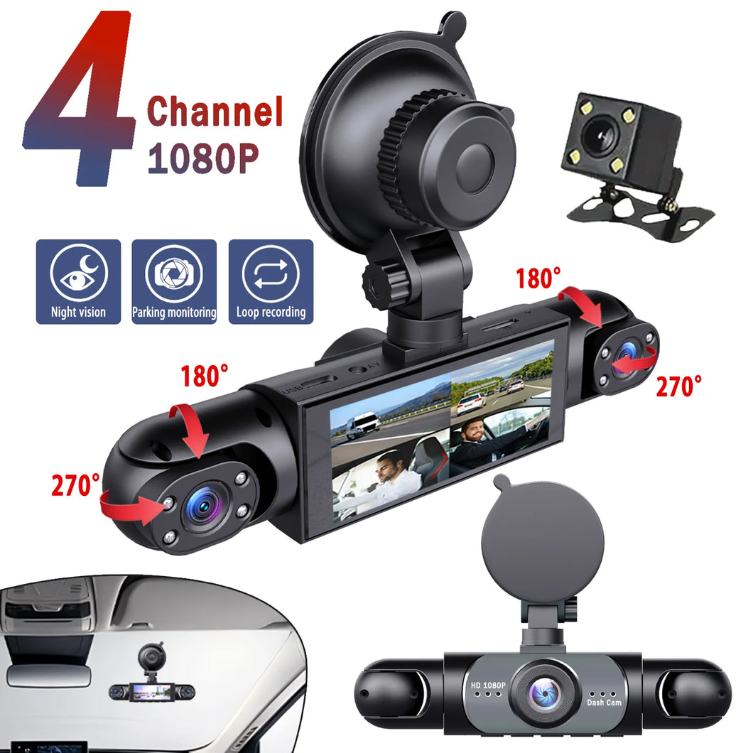 1080P 4-Channel Car DVR with HD Display Front Side And Rear Cameras, Night Vision, G-Sensor Loop Recording - USB Rechargeable for Al