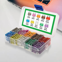 Load image into Gallery viewer, 100pcs Auto Fuse Kit 2A 3A 5A 7.5A 10A 10 Types Car Fuse Assortment 15A 20A 25A 30A 35A Medium Size Blade Type Fuse Assorted Kit
