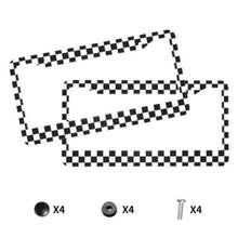 Load image into Gallery viewer, 2 Pack Black and White Racing Checkered Pattern License Plate Frames 2 Holes Aluminum License Plate Cover with 2 Pcs Car Coasters and
