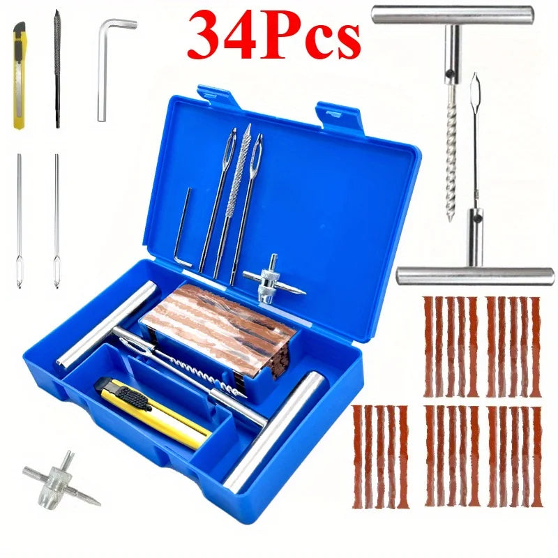 34/58pcs Auto Tire Repair Puncture Repair Tool Kit Car Van Motorcycle Bike Emergency Heavy Duty Tubeless Tire Repair Rivet Set