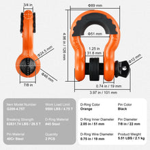 Load image into Gallery viewer, SucceBuy 2Pcs 3/4&quot; D-Ring Shackle 62832lb Break Strength Bow Shackles with Isolator &amp; Washers for Jeep Off-Road Vehicle Recovery
