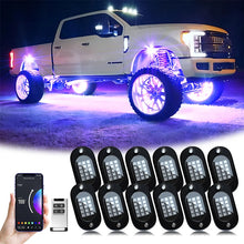 Load image into Gallery viewer, 12V LED Underbody Rock Lights 4/6/8/10/12 Pod Chassis Lights Multicolor APP Control RGB Waterproof
