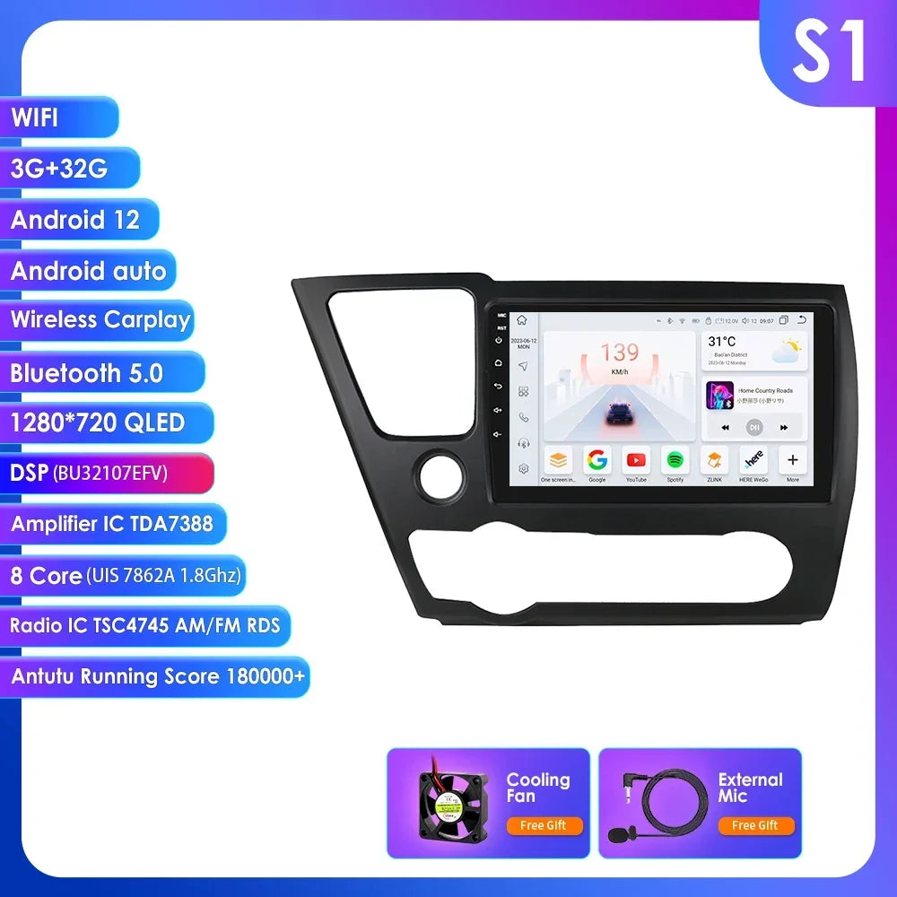 Hizpo 9'' 2 DIN Android 12 Carplay Multimedia Player Car Radio For 2013-2016 Honda Civic Navigation GPS Carplay Auto 4G WIFI 7862 Car Intelligent Player