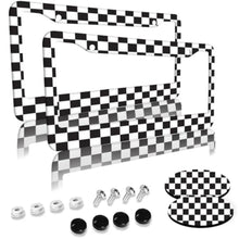 Load image into Gallery viewer, 2 Pack Black and White Racing Checkered Pattern License Plate Frames 2 Holes Aluminum License Plate Cover with 2 Pcs Car Coasters and
