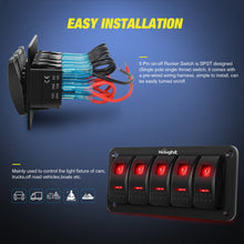 Load image into Gallery viewer, 12V/24V 5 Gang Rocker Switch Panel 5 Pin On Off Toggle Aluminum Holder Dash Pre-Wired Red Backlit Switches for Automotive Cars Marine Boats RVs Truck
