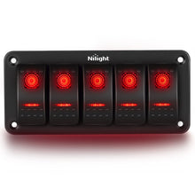 Load image into Gallery viewer, 12V/24V 5 Gang Rocker Switch Panel 5 Pin On Off Toggle Aluminum Holder Dash Pre-Wired Red Backlit Switches for Automotive Cars Marine Boats RVs Truck
