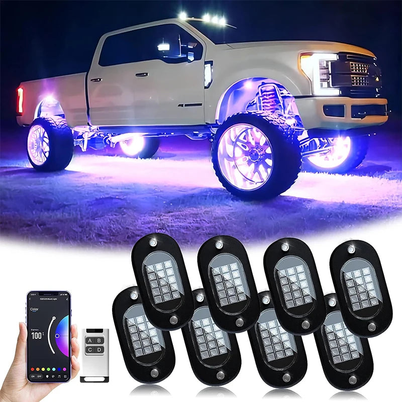 12V LED Underbody Rock Lights 4/6/8/10/12 Pod Chassis Lights Multicolor APP Control RGB Waterproof