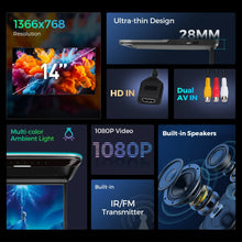 Load image into Gallery viewer, 12V XTRONS Universal Car 14" Car Roof Monitor with USB, SD, AV IN, HDMI-Compatible Digital TFT HD Screen Car TV 1366*768 Pixels Adjustable Angle Built-in FM/IR and Speakers
