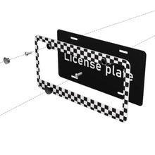 Load image into Gallery viewer, 2 Pack Black and White Racing Checkered Pattern License Plate Frames 2 Holes Aluminum License Plate Cover with 2 Pcs Car Coasters and
