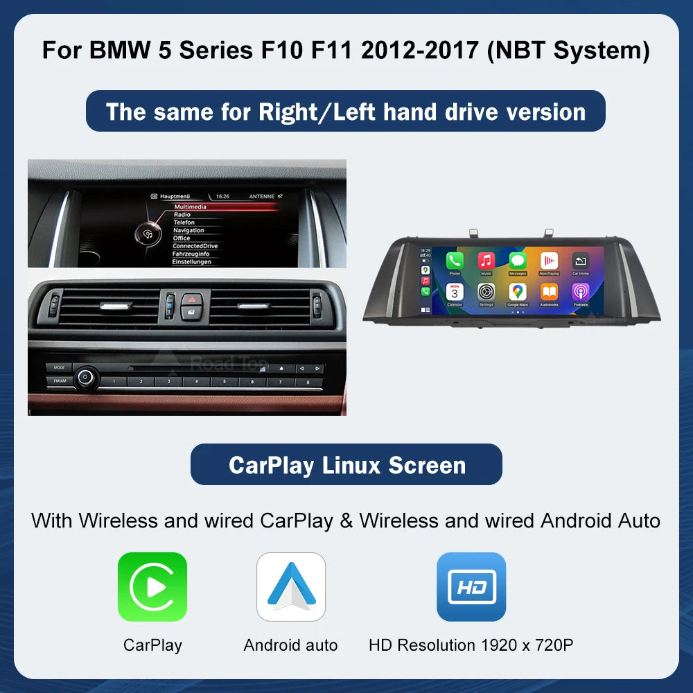 10.25 Screen IPS 1920*720 Wired/Wireless Carplay/Android Multimedia Player Display For 2011-2017 BMW 5 Series F10/F11 CIC/NBT  Touch Screen Wireless Carplay/Android